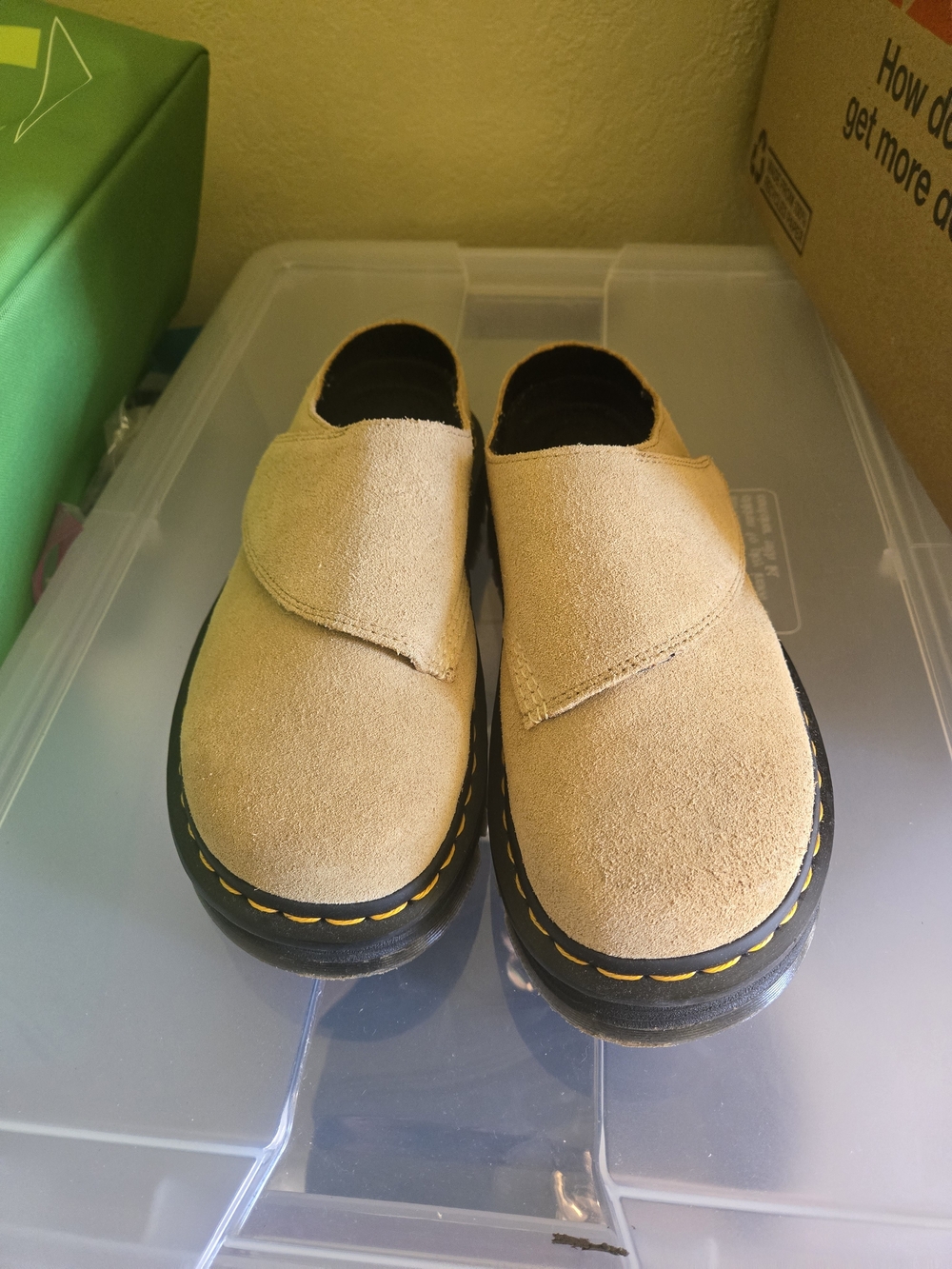 Dr. Martens Tan Suede Slip-On Clogs with Yellow Stitching